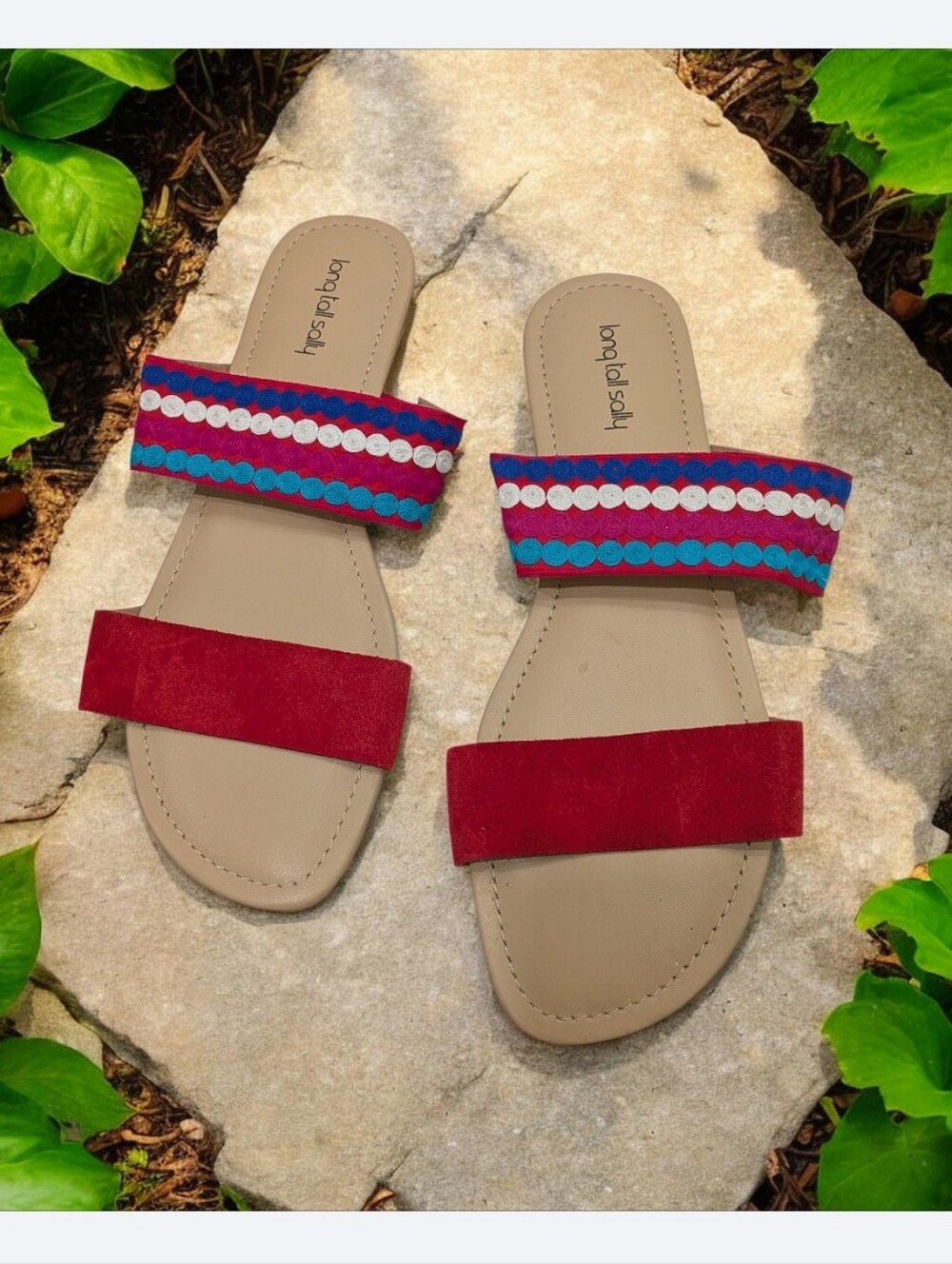 Long Tall Sally NEW Size 12: Red Suede & Multicolor Embroidered Slide Sandals